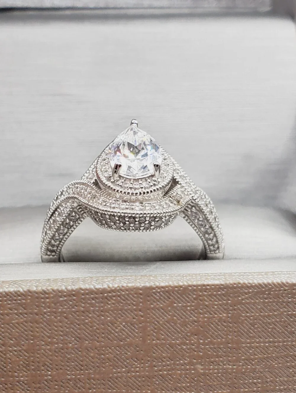 Classic Teardrop Halo Engagement Ring In 925 Sterling Silver - Simulated Diamond